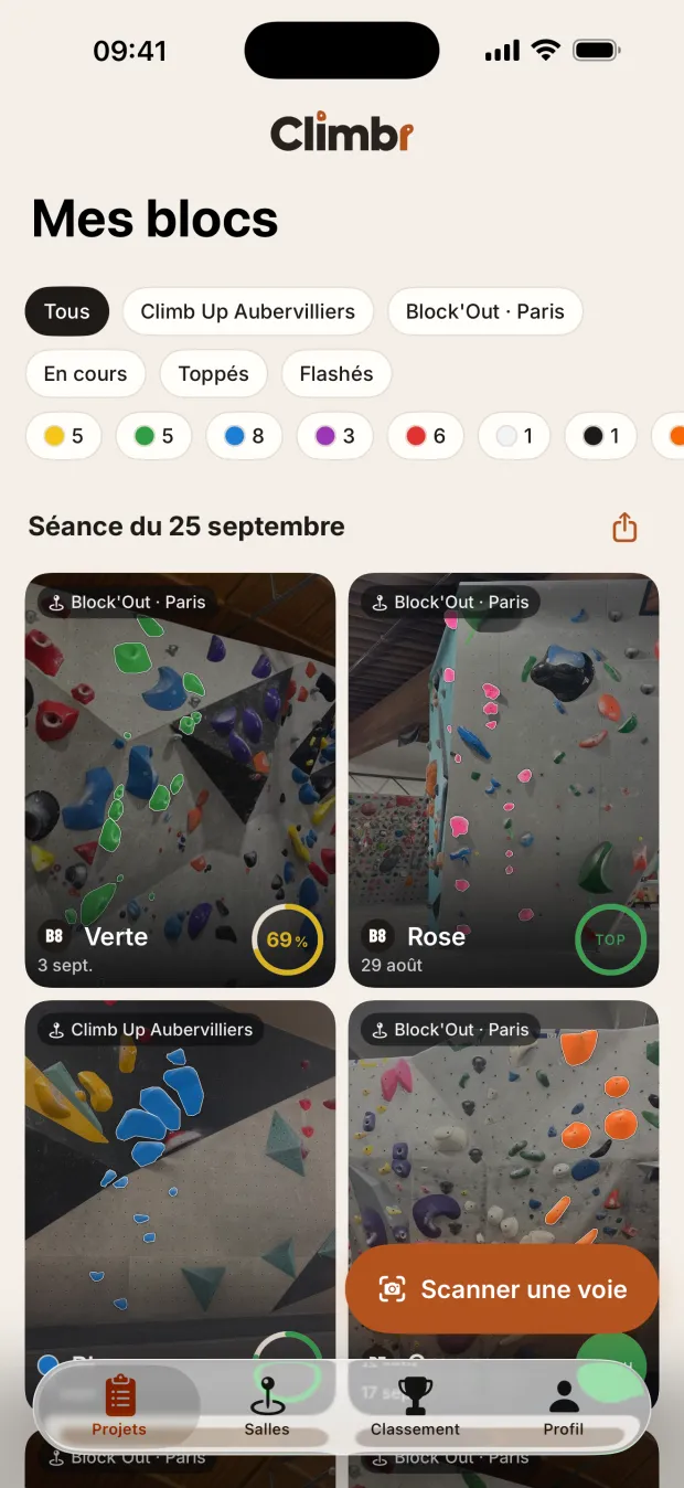 Mes blocs dans Climbr : chaque bloc sur sa photo, rangé par séance