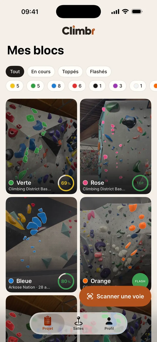 Le carnet de blocs de Climbr : chaque bloc sur sa photo, avec son disque de progression