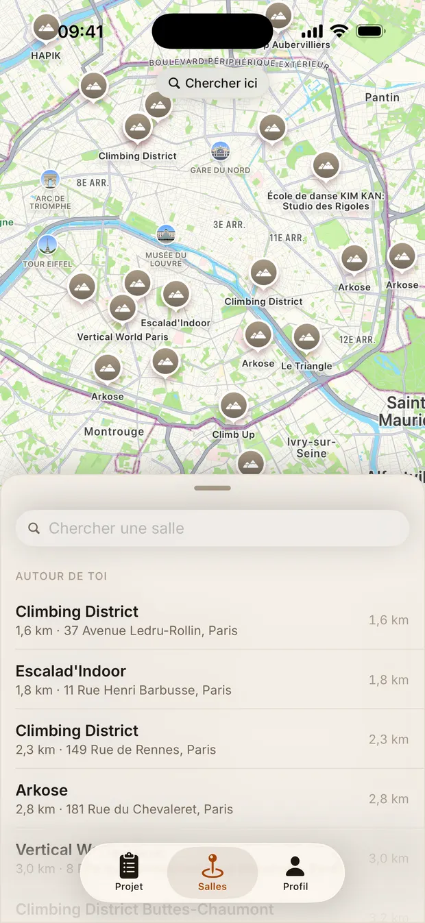 La carte des salles de bloc dans Climbr