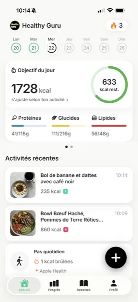 Healthy Guru daily dashboard with calorie ring